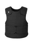 Vista frontal limpia del chaleco blindado operativo Front Line en color negro, diseñado para uniforme policial y de seguridad privada con el escudo insignia de Miguel Caballero.