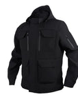 Chamarra blindada táctica urbana modelo Sentinel Jacket en color negro, con diseño premium de alta resistencia, capucha y bolsillos impermeables de Miguel Caballero.