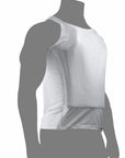 Perfil de la playera blindada blanca IIIA, material termorregulador y diseño ergonómico de Miguel Caballero.