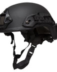 Vista de perfil completo del casco balístico táctico OPS Plus en color negro con rieles accesorios, soporte NVG y sistema de retención ajustable de Miguel Caballero.