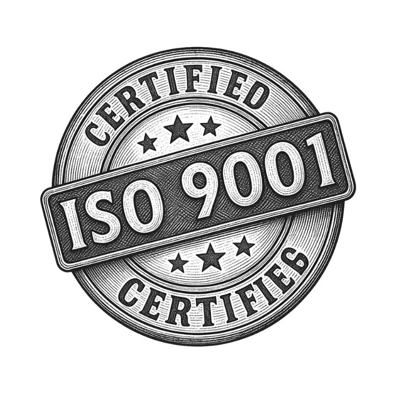 Sello oficial de certificación internacional ISO 9001 en los procesos de diseño y fabricación de chalecos blindados y ropa antibalas de Miguel Caballero.