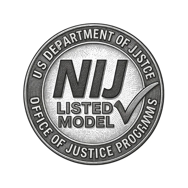 Insignia de modelo certificado por la NIJ del Departamento de Justicia de Estados Unidos para la protección balística avanzada de Miguel Caballero.