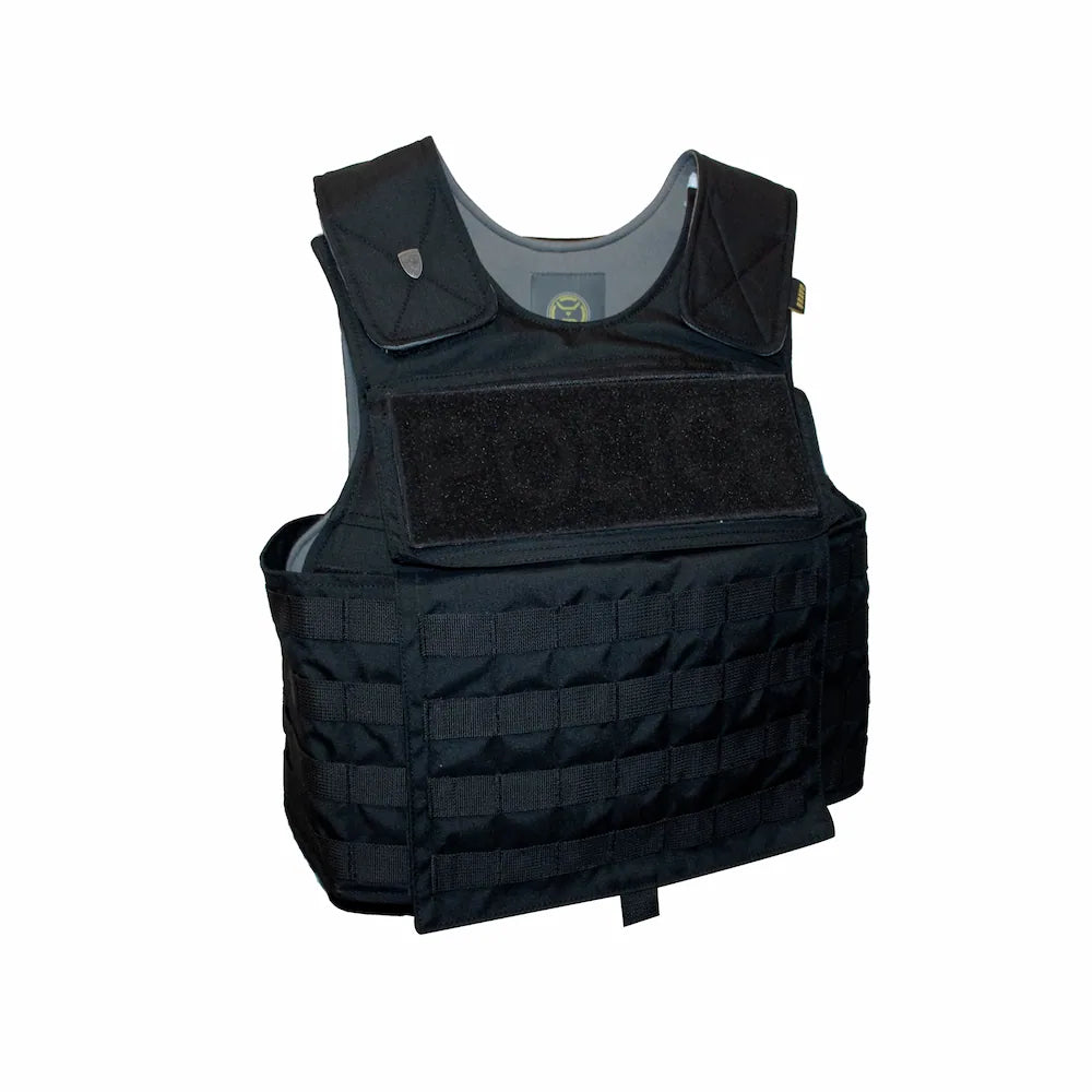 Vista frontal angular del chaleco táctico femenino con sistema modular MOLLE, velcro institucional de felpa y corte anatómico especial para mujer de Miguel Caballero.
