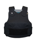 Vista frontal plana del chaleco antibalas exterior femenino Frontline, color negro, ajuste anatómico exclusivo para mujer de Miguel Caballero.