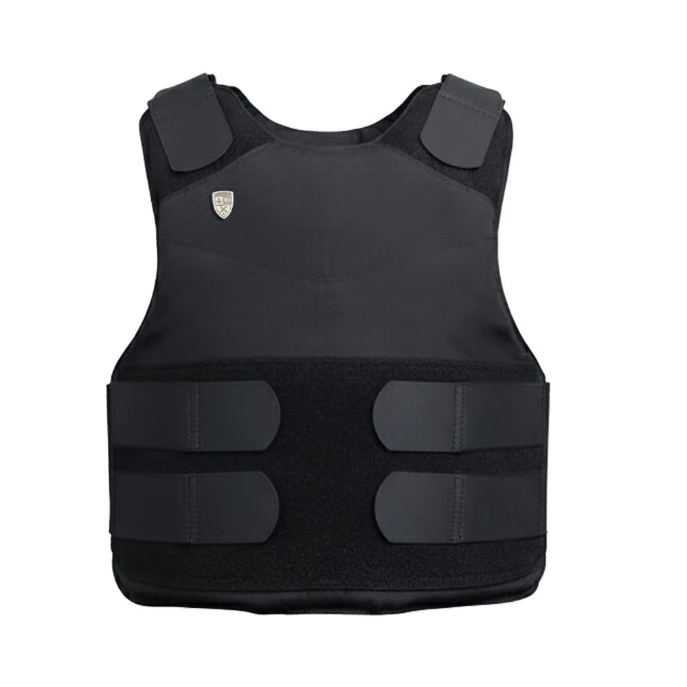 Vista frontal del chaleco blindado interior Phantom en color negro, diseñado para máxima discreción bajo la ropa con cuatro bandas de ajuste anatómico de Miguel Caballero.