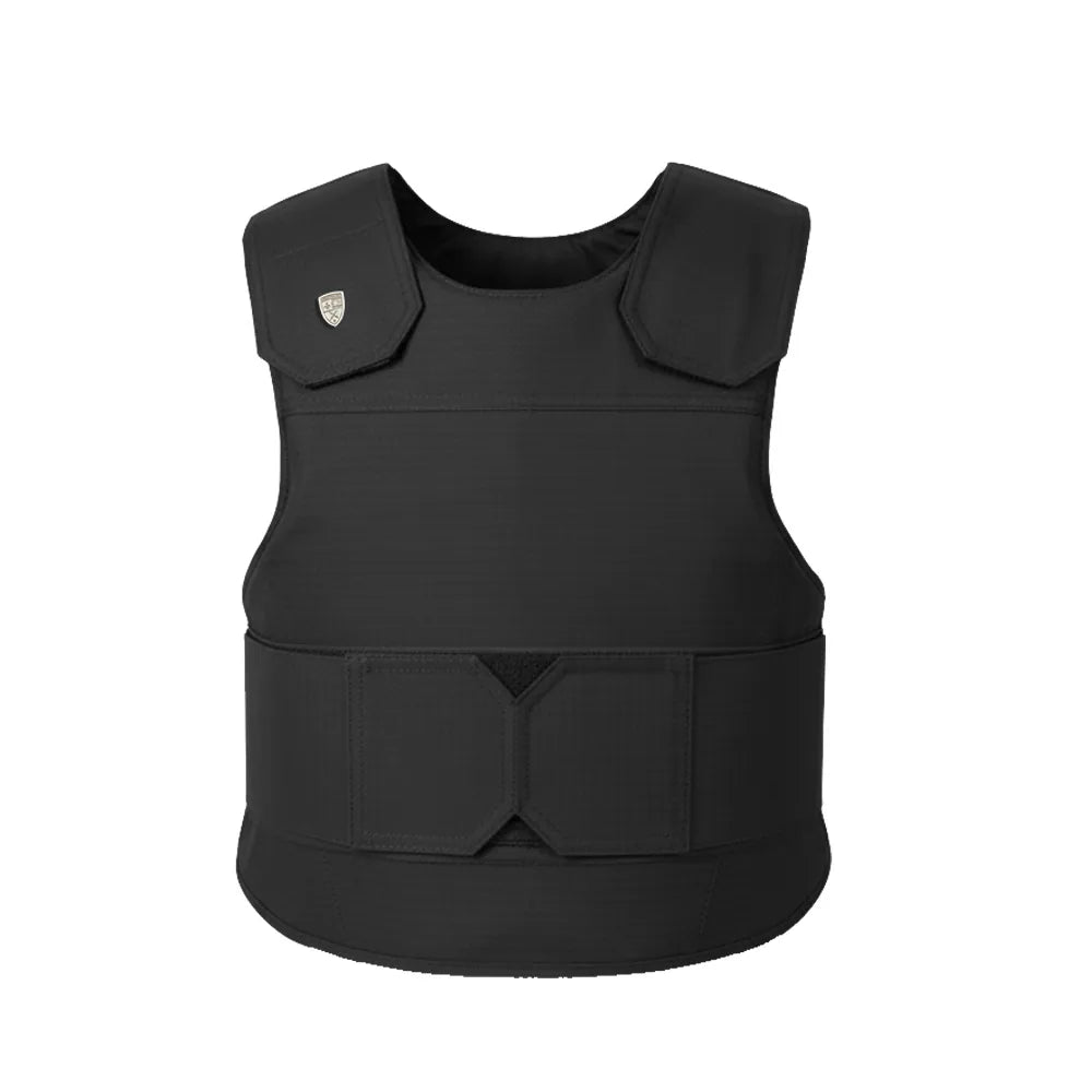 Vista frontal limpia del chaleco blindado operativo Front Line en color negro, diseñado para uniforme policial y de seguridad privada con el escudo insignia de Miguel Caballero.