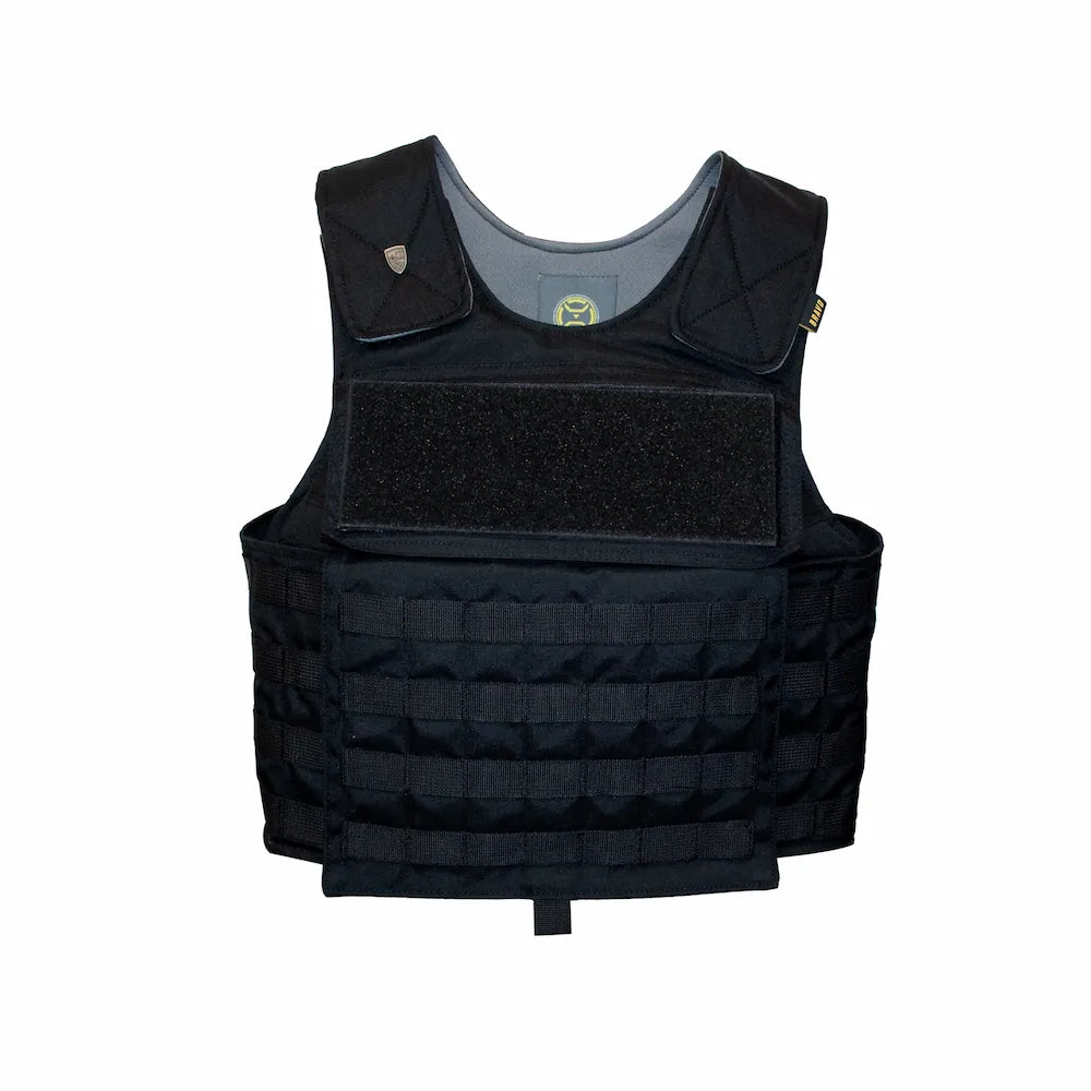 Frente plano del chaleco portaplacas táctico adaptado para la anatomía femenina en color negro, ideal para policía y fuerzas armadas de Miguel Caballero.