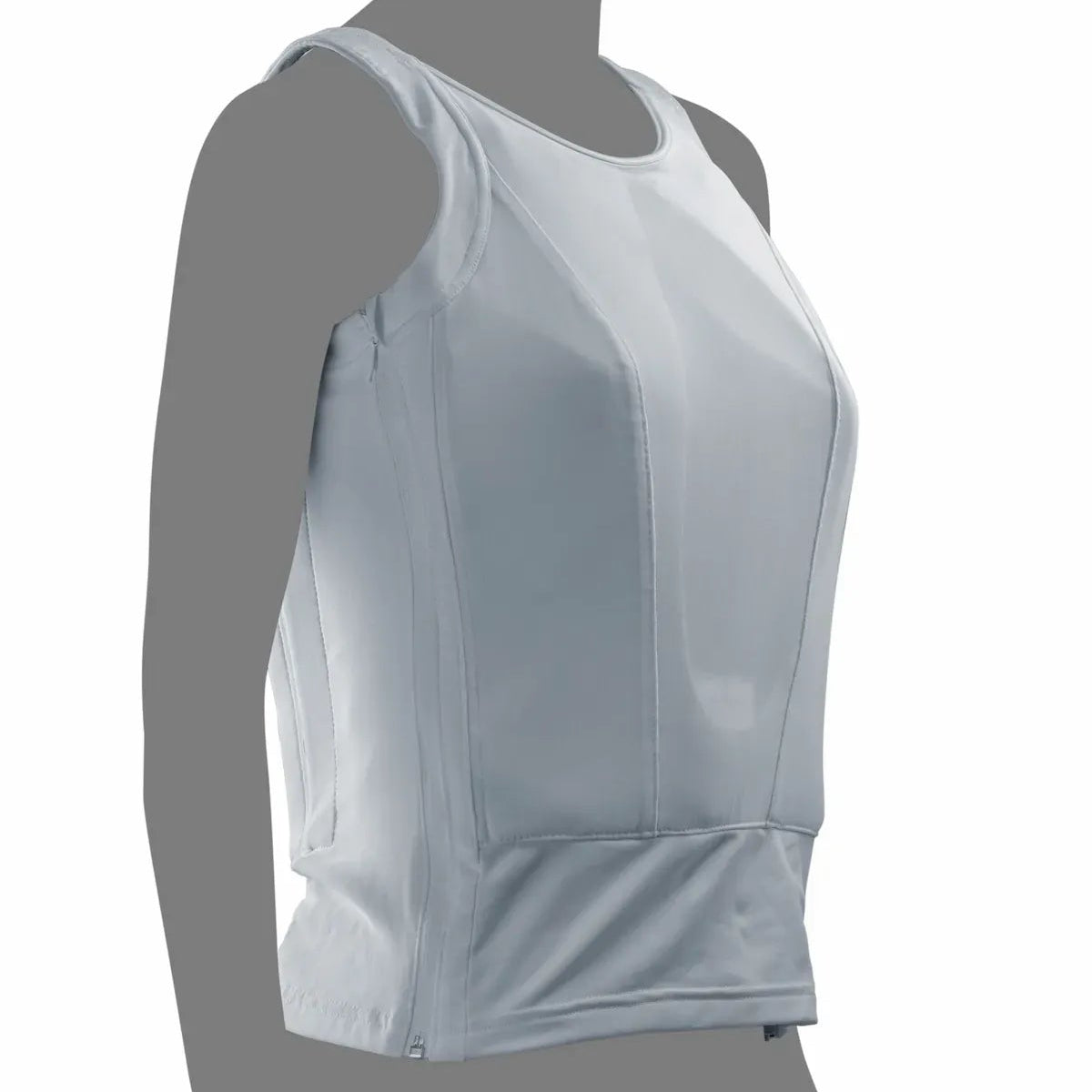 Detalle del material nanotecnológico termorregulador y malla de ventilación de la tank top blindada Miguel Caballero.