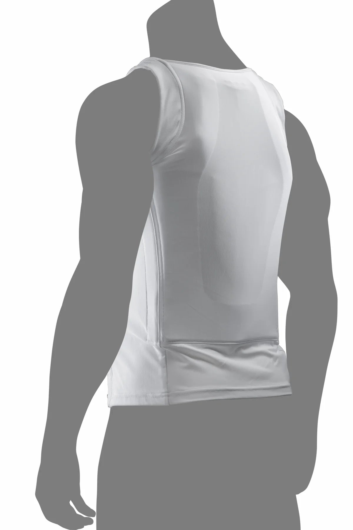 Parte posterior de la playera blindada blanca nivel IIIA, protección balística patentada e invisible bajo la ropa.