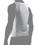 Parte posterior de la playera blindada blanca nivel IIIA, protección balística patentada e invisible bajo la ropa.