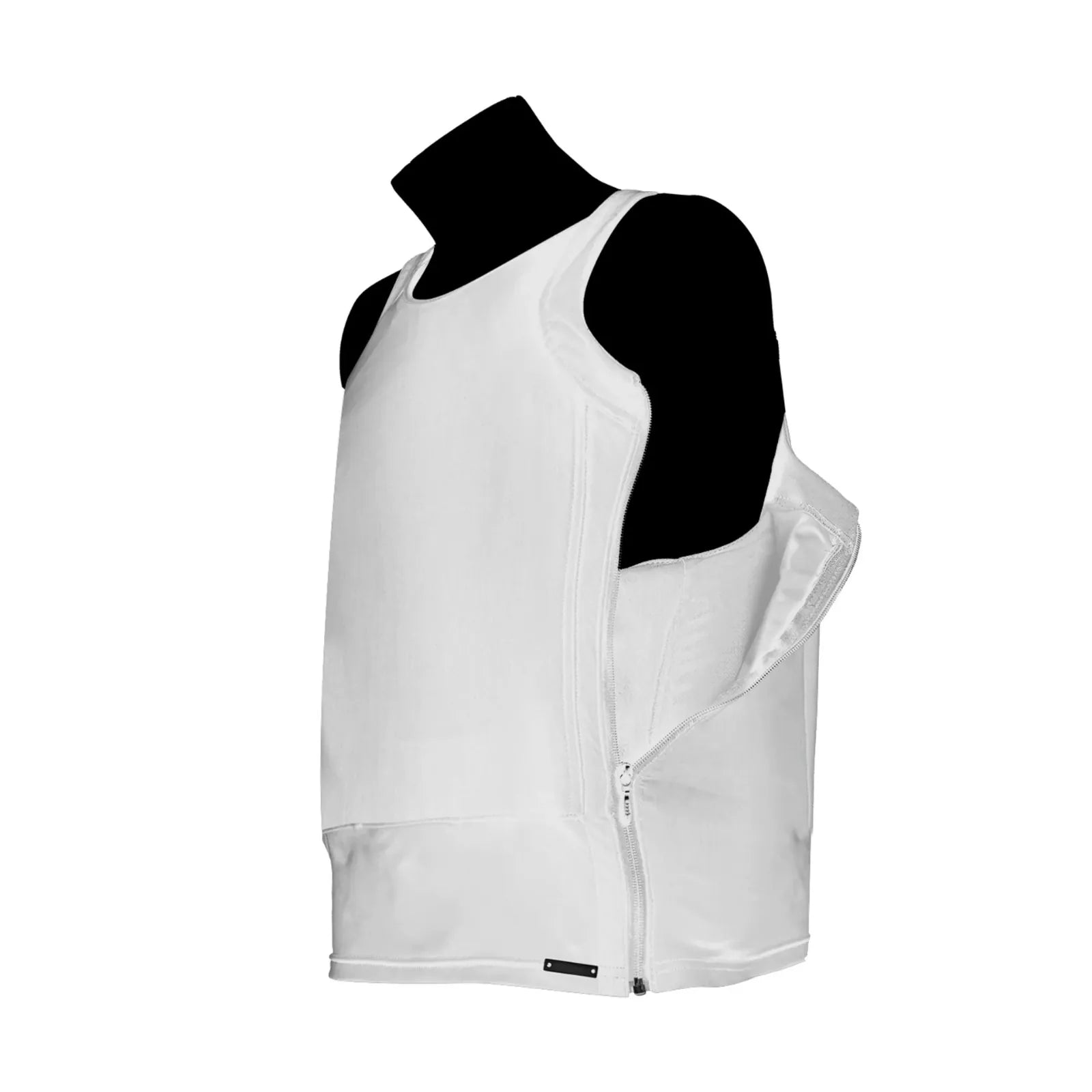 Fotografia de estudio en fondo blanco de una playera blindada para hombre tipo tank top en color blanco con sistema de cremalleras laterales abierto sobre un maniqui negro.