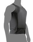 Vista lateral de la playera blindada negra IIIA, diseño discreto y flexible para uso diario de Miguel Caballero.