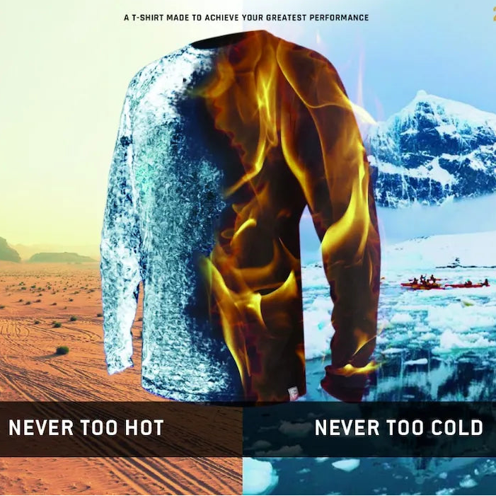 Gráfico conceptual de la tecnología inteligente de termorregulación Never Too Hot Never Too Cold de la playera térmica Cool T-Shirt de Miguel Caballero.